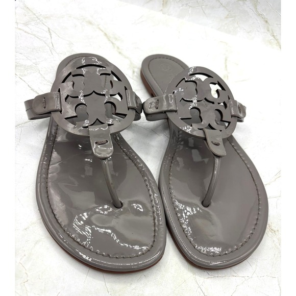 Tory Burch Shoes - TORY BURCH Miller Patent Leather Flat Sandals Malta Grey Womens US Size 10 EUC